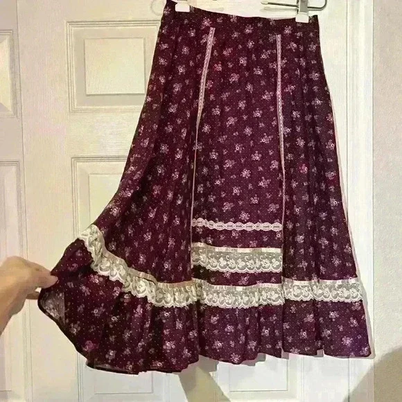 Vintage Gunne Sax 1970s Womens Floral Lace Prairie Calico Cottagecore Skirt 13 - Picture 4 of 16